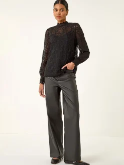 Roman Lace Frill High Neck Stretch Shirt Black Hot