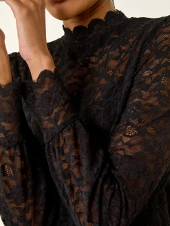 Roman Lace Frill High Neck Stretch Shirt Black Hot