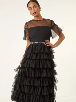 Roman Black Petite Embellished Mesh Tiered Dress
