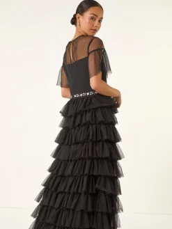 Roman Black Petite Embellished Mesh Tiered Dress