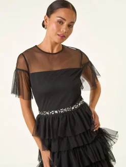 Roman Black Petite Embellished Mesh Tiered Dress