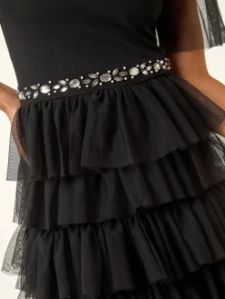 Roman Black Petite Embellished Mesh Tiered Dress