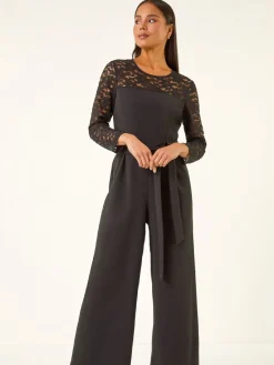 Roman Black Petite Lace Contrast Stretch Jumpsuit New