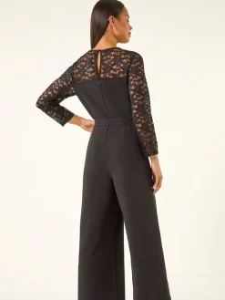 Roman Black Petite Lace Contrast Stretch Jumpsuit New