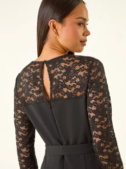 Roman Black Petite Lace Contrast Stretch Jumpsuit New