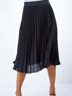 Roman Black Petite Pleated Elastic Waist Midi Skirt