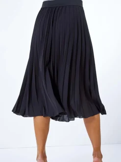 Roman Black Petite Pleated Elastic Waist Midi Skirt