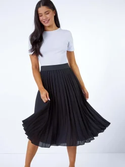Roman Black Petite Pleated Elastic Waist Midi Skirt