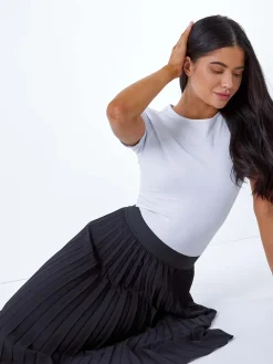 Roman Black Petite Pleated Elastic Waist Midi Skirt