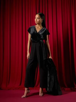 Roman Black Petite Velvet Contrast Jumpsuit