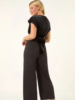 Roman Black Petite Velvet Contrast Jumpsuit