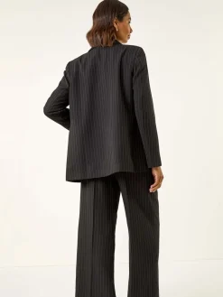 Roman Black Pinstripe Revered Collar Blazer Online
