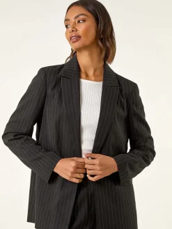 Roman Black Pinstripe Revered Collar Blazer Online