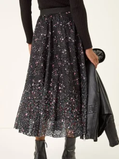Roman Black Printed Lace Overlay Skirt Hot