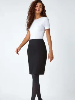 Roman Black Pull On Stretch Elastic Waist Pencil Skirt Best