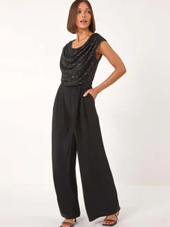 Roman Sequin Bodice Cowl Neck Jumpsuit Black Discount