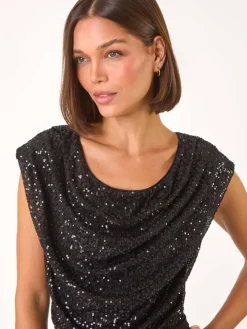 Roman Sequin Bodice Cowl Neck Jumpsuit Black Discount