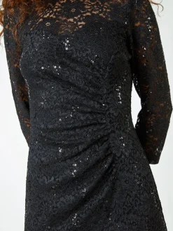 Roman Sequin Lace Ruched Stretch Dress Black