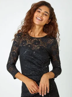 Roman Sequin Lace Ruched Stretch Dress Black