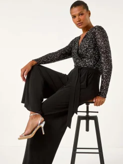Roman Sequin Wrap V-Neck Stretch Jumpsuit Black Hot