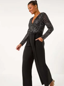 Roman Sequin Wrap V-Neck Stretch Jumpsuit Black Hot