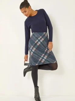 Roman Blue Check Print Brushed Skirt New