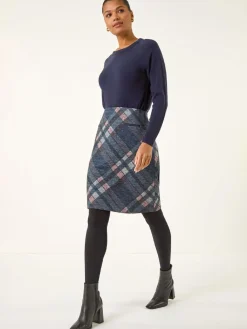Roman Blue Check Print Brushed Skirt New