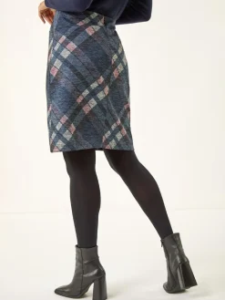 Roman Blue Check Print Brushed Skirt New