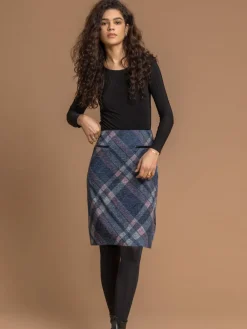 Roman Blue Check Print Brushed Skirt New