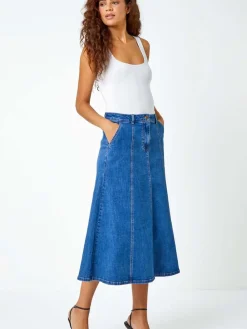 Roman Blue Cotton Denim Panelled Midi Skirt Sale