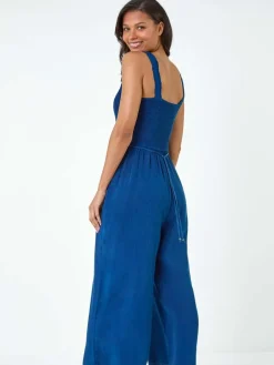 Roman Blue Denim Shirred Bodice Pocket Jumpsuit Best