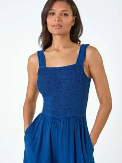 Roman Blue Denim Shirred Bodice Pocket Jumpsuit Best