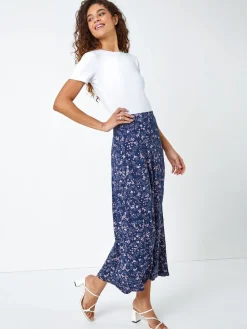 Roman Blue Floral Print Stretch Midi Skirt Discount