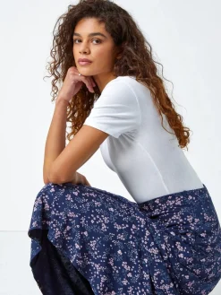 Roman Blue Floral Print Stretch Midi Skirt Discount