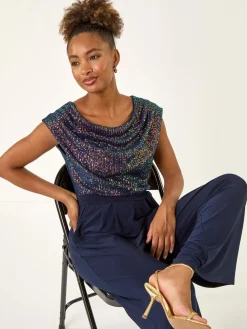 Roman Sequin Bodice Cowl Neck Jumpsuit Blue Outlet