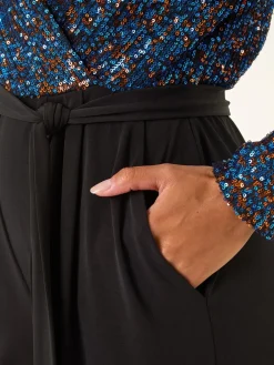 Roman Sequin Wrap V-Neck Stretch Jumpsuit Blue Discount