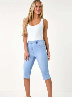 Roman Blue Stretch Knee Length Pedal Pusher Shorts Best