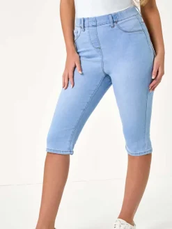 Roman Blue Stretch Knee Length Pedal Pusher Shorts Best