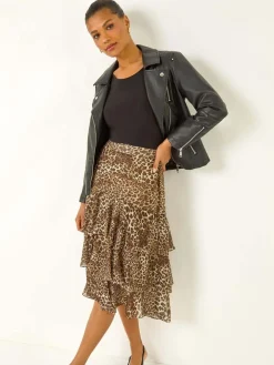 Roman Brown Animal Print Ruffled Skirt Discount