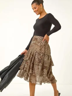 Roman Brown Animal Print Ruffled Skirt Discount
