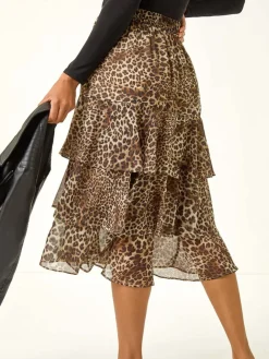 Roman Brown Animal Print Ruffled Skirt Discount