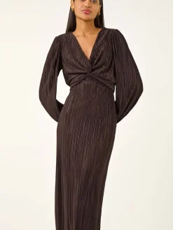 Roman Brown Plisse Twist Front Midi Dress Best