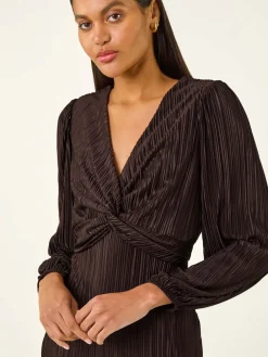 Roman Brown Plisse Twist Front Midi Dress Best