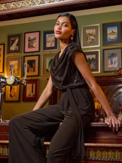 Roman Sequin Bodice Cowl Neck Jumpsuit Brown New