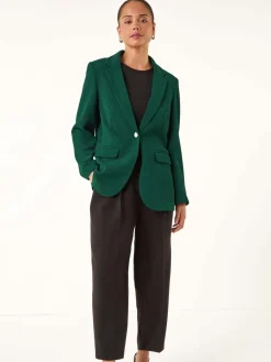 Roman Petite Textured Buttoned Blazer Deep Blue Green New