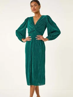 Roman Green Plisse Twist Front Midi Dress Clearance