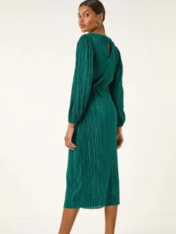 Roman Green Plisse Twist Front Midi Dress Clearance
