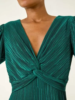 Roman Green Plisse Twist Front Midi Dress Clearance