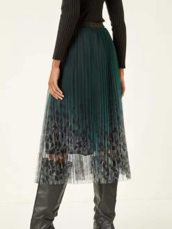 Roman Green Printed Pleat Mesh Skirt Sale