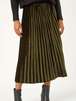 Roman Green Velvet Pleated Midi Skirt Clearance